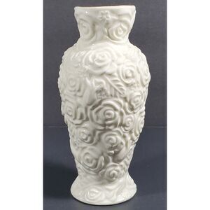 Vtg White Rose Vase, Miniature 5" Floral Vase Gold Rim